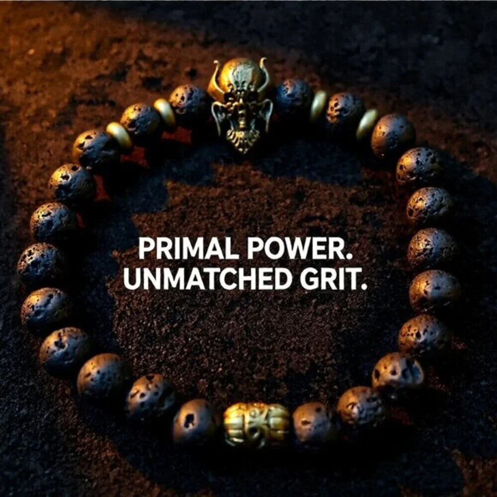 Alien Warrior Skull + Lava Rock Beads! Rugged Men's Bracelet! Biker Rocker Punk